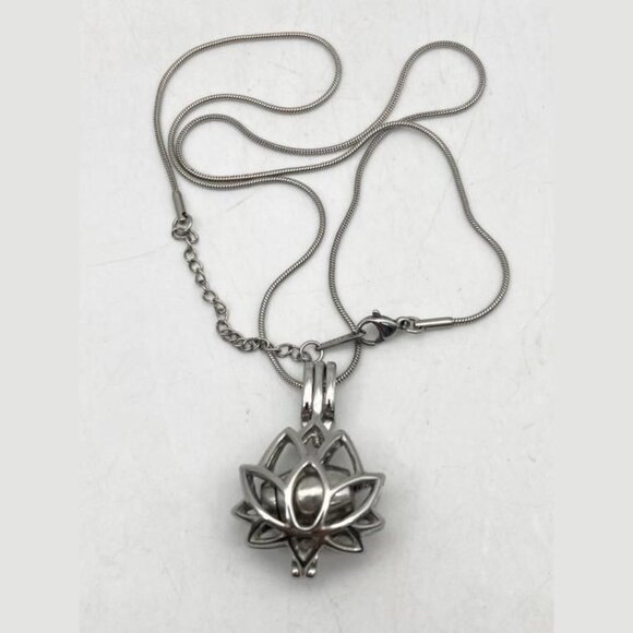 Vintage Jewelry - Stainless Steel Lotus Flower Cremation Urn Necklace - Memorial Keepsake Pendant